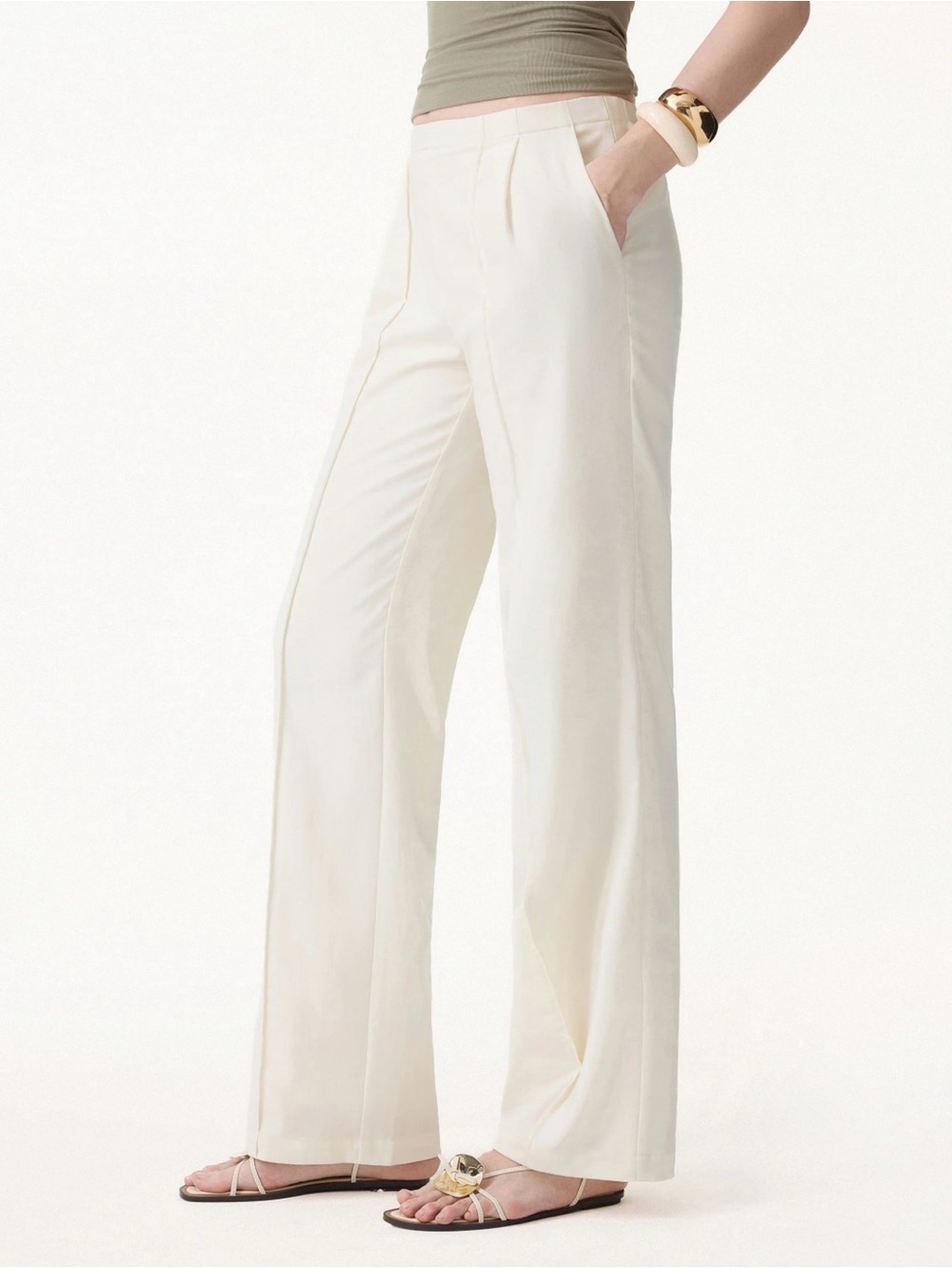 NWT OGL Lyocell-Linen Pintuck Wide Leg Vacay Pant w/ Pockets Off-white Small 2-4